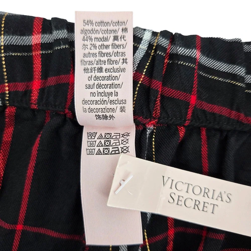 Victoria's Secret Pajama Set Red Black Plaid Flannel L Short‎ Cozy Sleepwear
